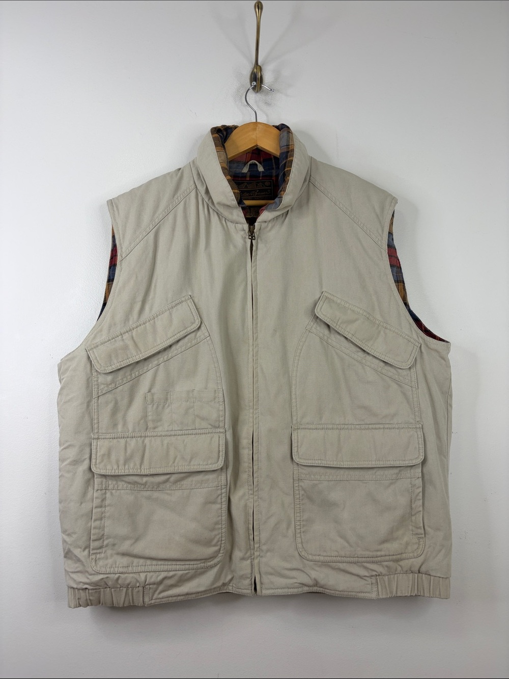 Vintage Eddie Bauer Goose Down Vest Mens XL Beige Cotton Canvas Flannel Lined
